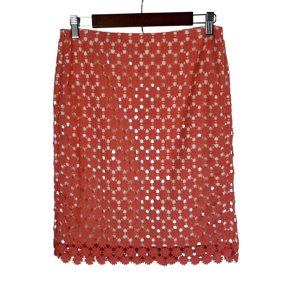 Talbots Coral Crochet Flower Pencil Skirt Size 2 Knee Length Lined Wedding Guest